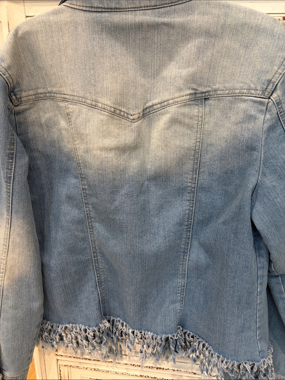 Light Wash Denim Jacket with Fringed Hem by “LAL Live A Little” - Picture 2 of 7